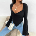 export women's t-shirt vacation v-neck bell sleeves waist asymmetricalknittinglong sleeves t-shirt tops