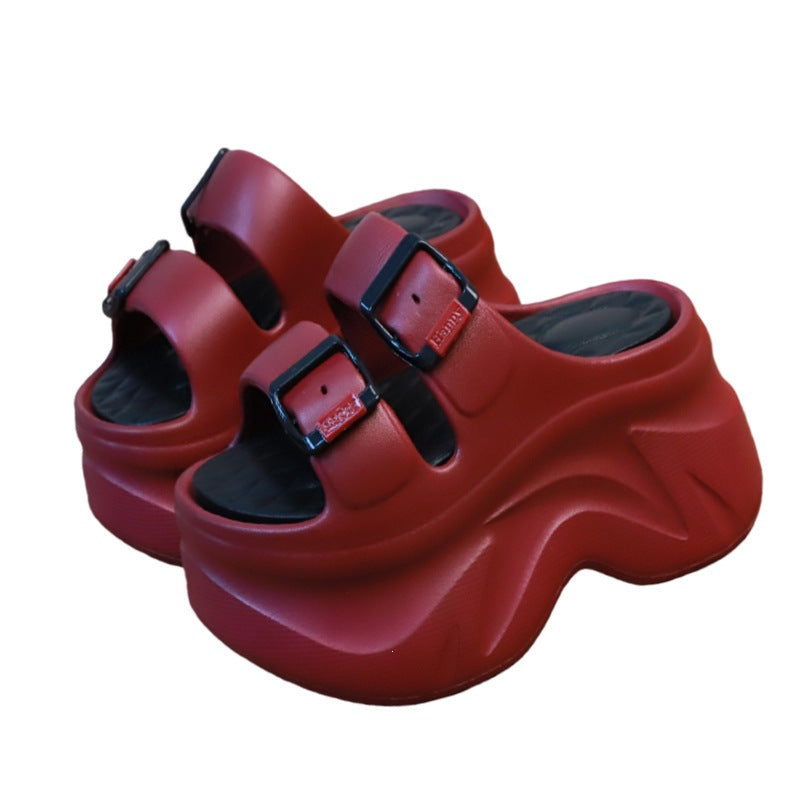 Fashion wedge sandals and slippers double strap heightening k-style women's summer ins trendy elegant buckle stepping on shit feeling easiest for matchthick sole