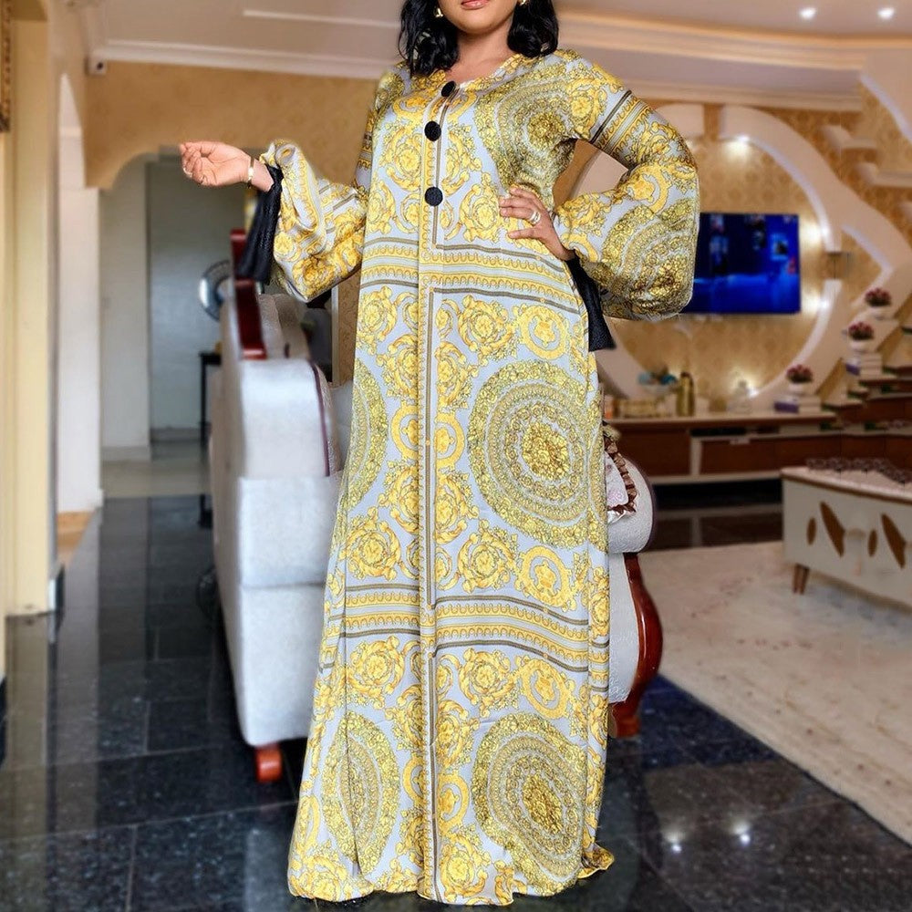 2025 spring european and american cross-border ins ready-to-ship digital print soft denim round neck single-breasted lantern sleeve women's maxi dress