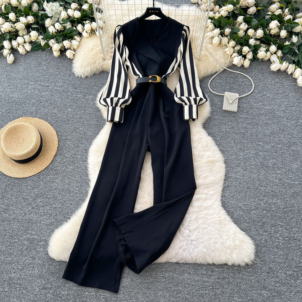 Light mature stylecontrast colorstripes lantern sleeves waist suit collar jumpsuit women's high waistslimming look jumpsuit wide leg pants