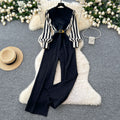 Light mature stylecontrast colorstripes lantern sleeves waist suit collar jumpsuit women's high waistslimming look jumpsuit wide leg pants