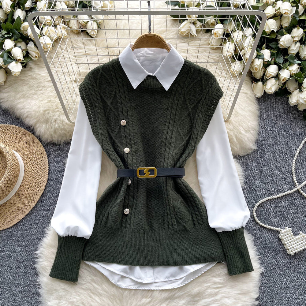 Layered shirt vest women's autumn two-piece set fashioneasiest for match sleeveless cable stitchknitting vest with long sleeves shirt