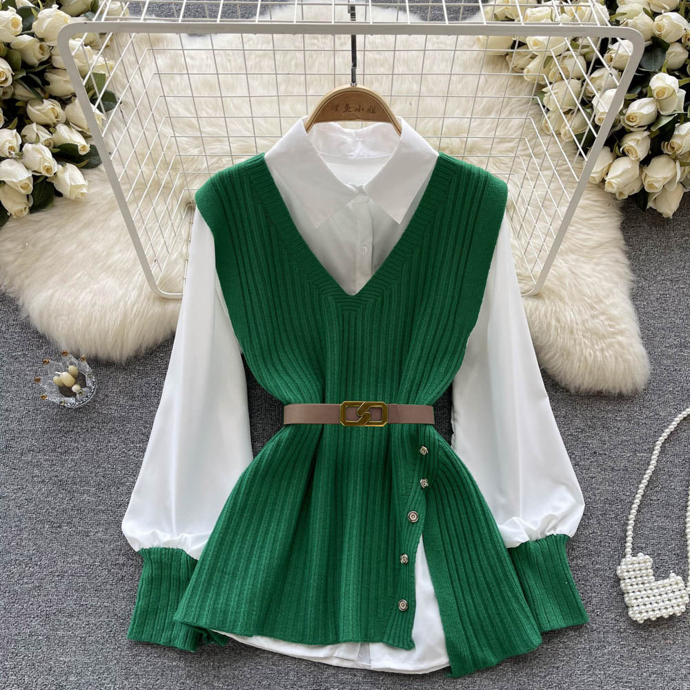 Autumn new arrival: chic & mature style - loose fit lapel patchwork white shirt + v-neck asymmetrical knit vest two-piece set