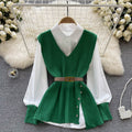 Autumn new arrival: chic & mature style - loose fit lapel patchwork white shirt + v-neck asymmetrical knit vest two-piece set
