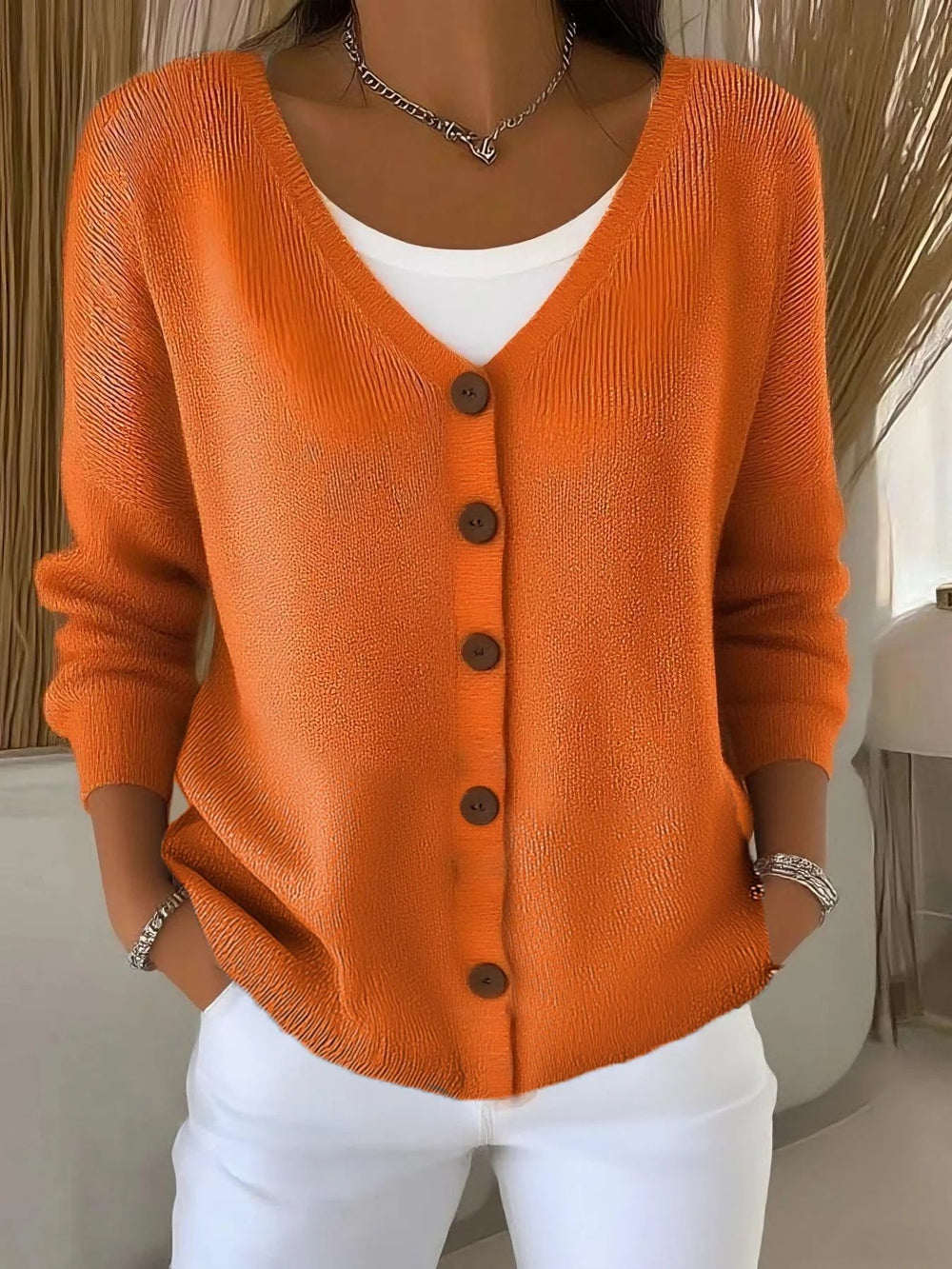 2025 new women's solid color knitted button-down cardigan, loose fit, casual style, european and american cross-border amazon independent website