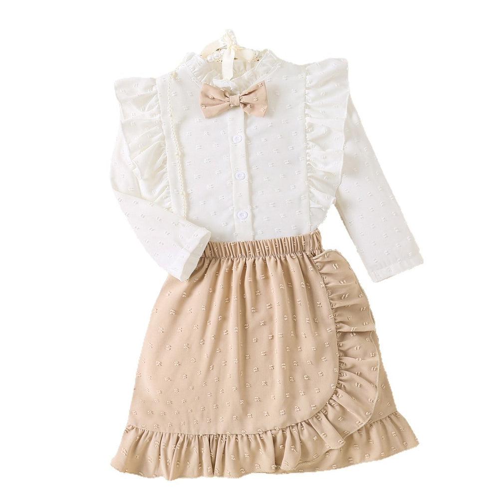 Girls' foreign trade skirt set: lace-trimmed white blouse with bow and ruffle hem skirt - two-piece outfit for kids