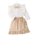 Girls' foreign trade skirt set: lace-trimmed white blouse with bow and ruffle hem skirt - two-piece outfit for kids