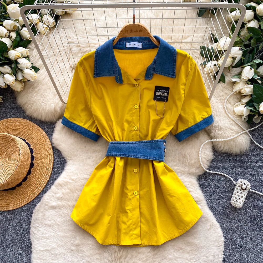 Korean style commute chic: denim patchwork turn-down collar shirt - women's summer short sleeve, cinched waist, tie-up, slimming, designer top