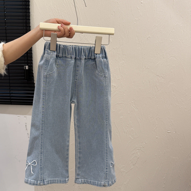 Spring new girls' embroidered bow denim pants - korean style, trendy and fashionable kids' trousers, children's clothing