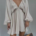 european and american summer women's fashion: sexy and chic v-neck lantern sleeve mini dress