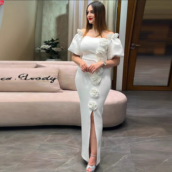 One-word shoulder sexy bubble sleeve dress, three-dimensional flower slim fit elegant split party evening dress dresses