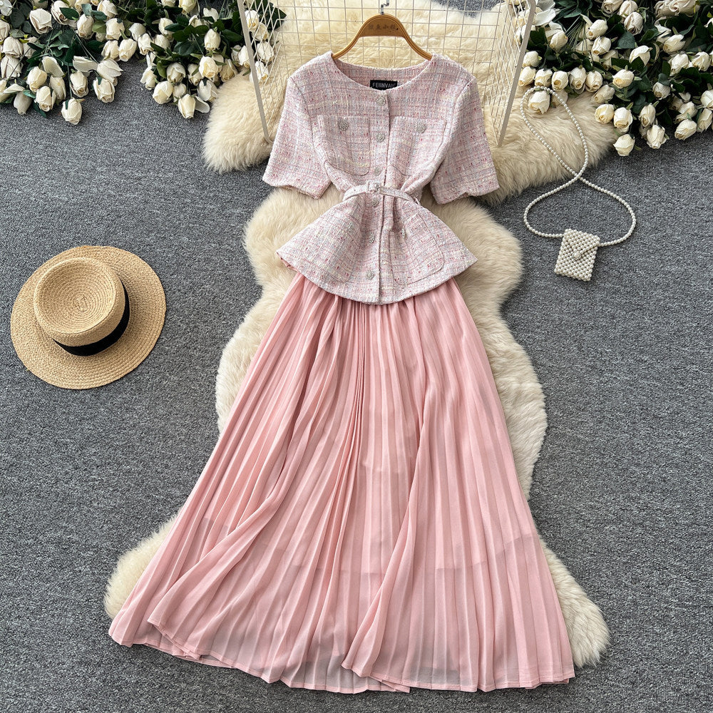 Tweed stylesequin this beaded round neck dress women's summerclassy sense waist slimming lookpleated long skirt work clothing