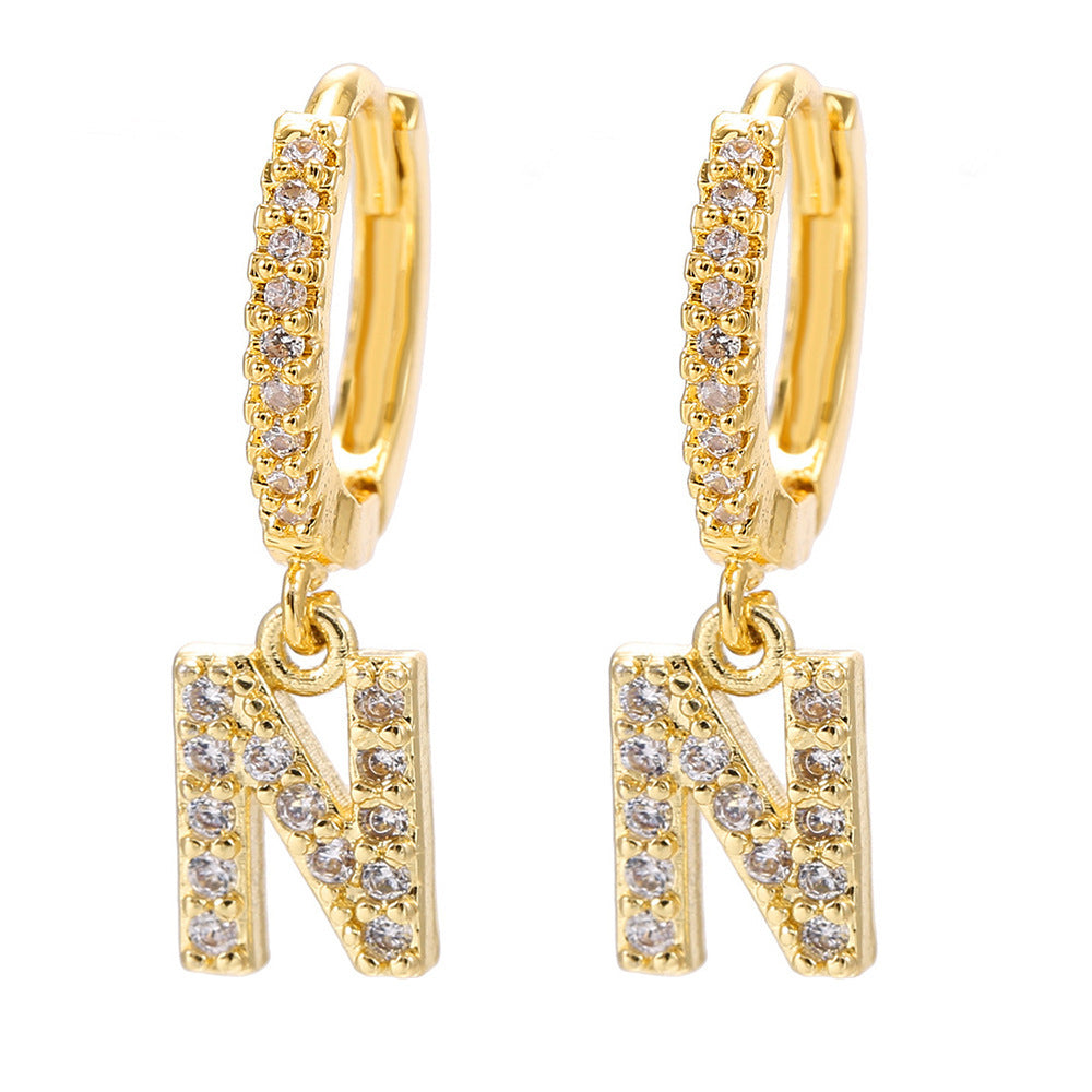 European and american gold-plated micro-paved zircon 26-letter initial pendant earrings - fashionable, unique, high-end, and chic hoop earrings with tassel detail