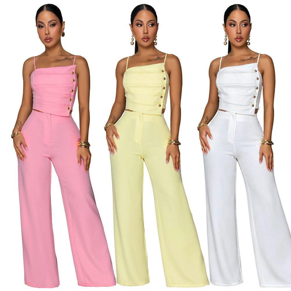 C7739 cross-border  new women's solid color ruched metal buckle cami top and wide-leg pants two-piece set