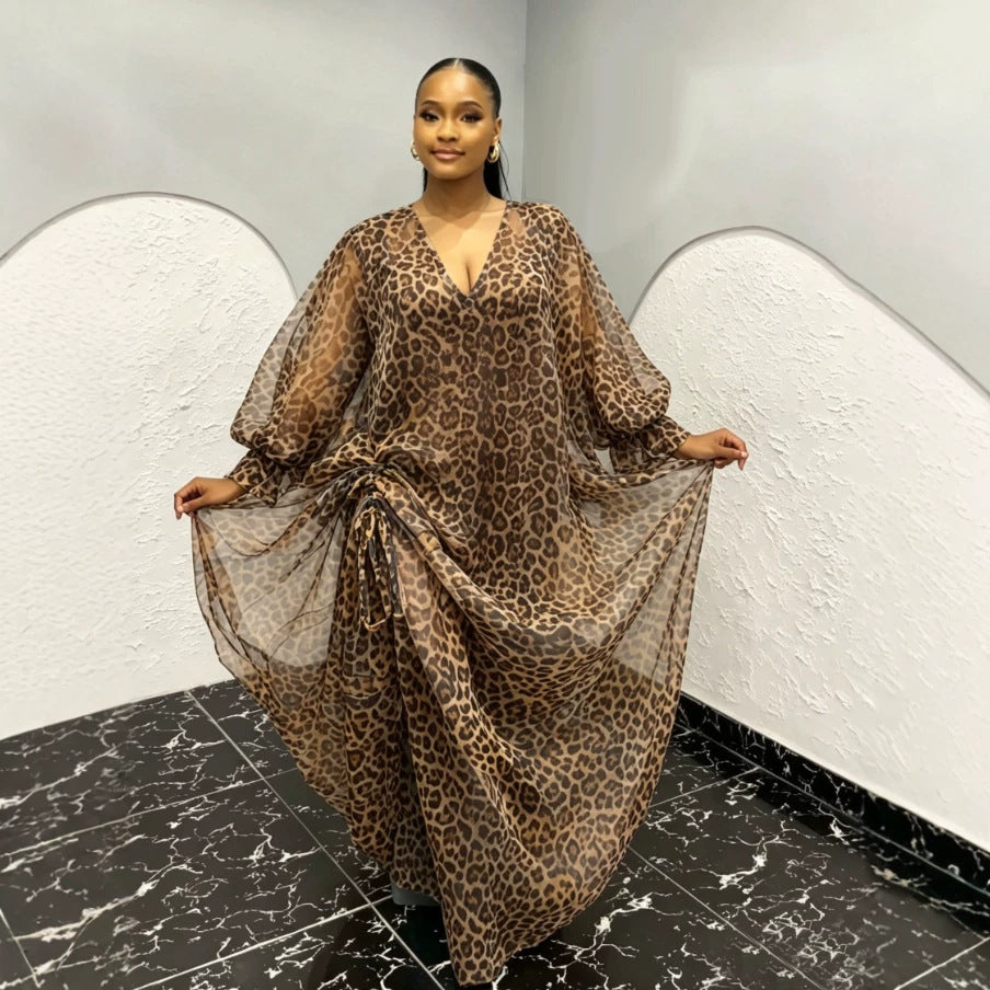 African wedding party dress - colorful leopard print batwing sleeve shirred design robe bubudress