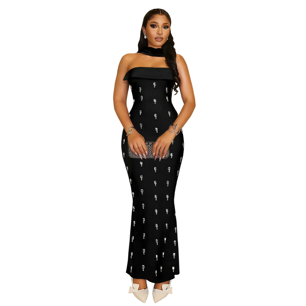 C7626 cross-border   fashion women's elegant bandeau dress set with rhinestone embellishments and ribbon detail