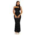 C7626 cross-border   fashion women's elegant bandeau dress set with rhinestone embellishments and ribbon detail