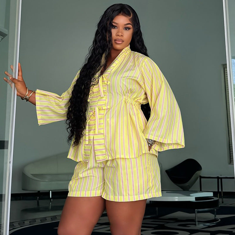 European and american style women's clothing  new sweet and fresh striped v-neck tie-up three-quarter sleeve blouse and high-waisted straight-leg pants two-piece set
