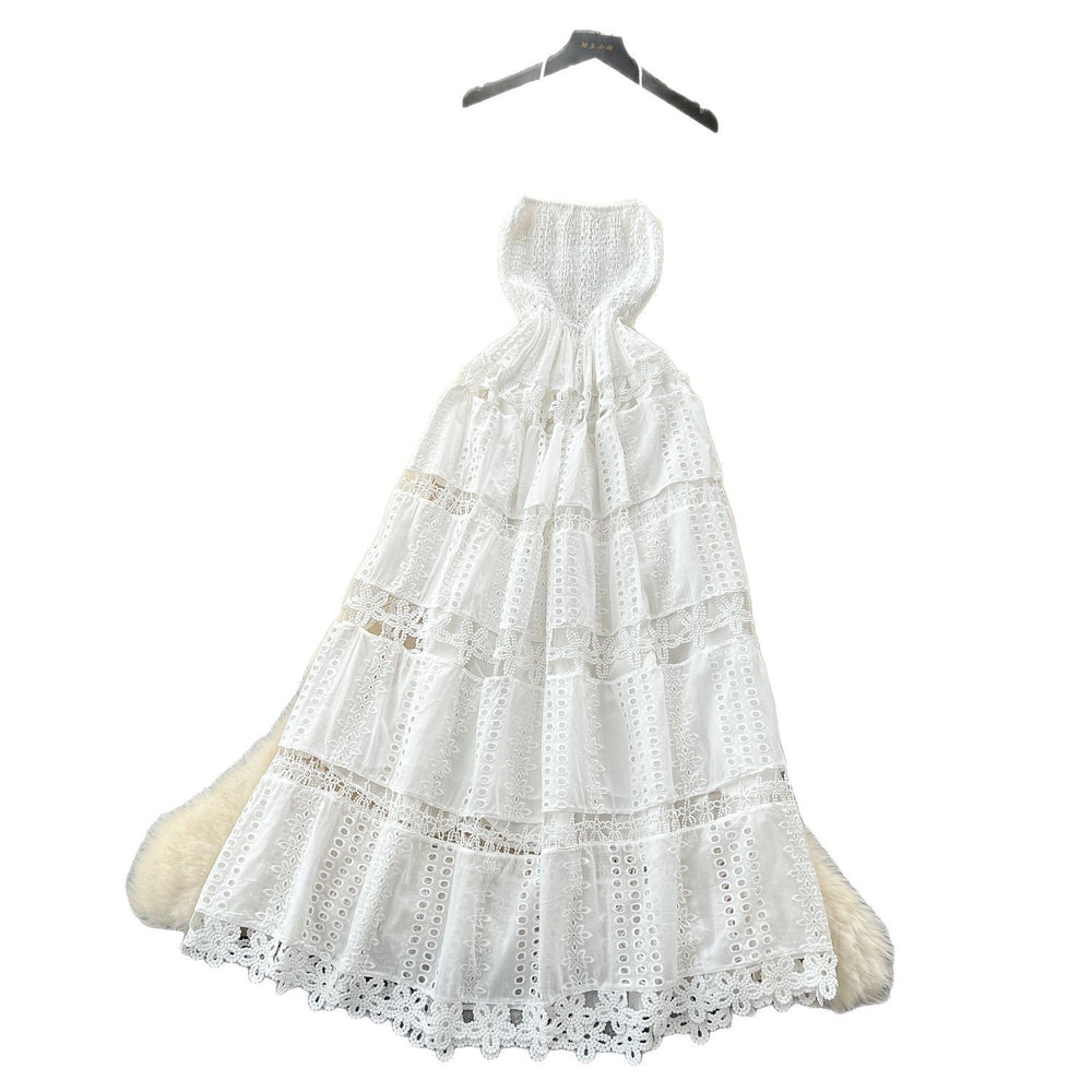 French chic halter neck backless dress - women's summer cutout crochet waist-defining elegant maxi vacation dress
