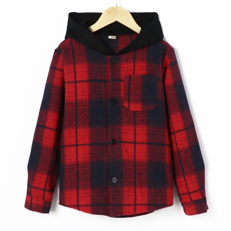 European and american style boys' plaid shirt - fashionable boys' casual warm shirt - korean style plaid hooded jacket shirt