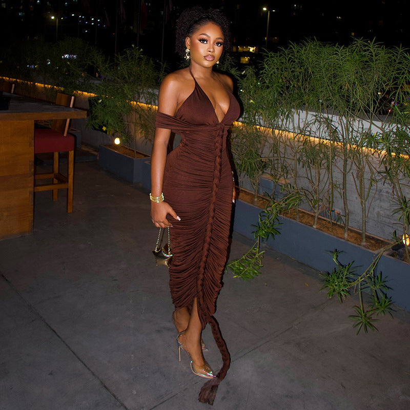 Fashion style insexport design fashion women's one-step pure color hip skirt halterneckv neck wrapped chest longdress