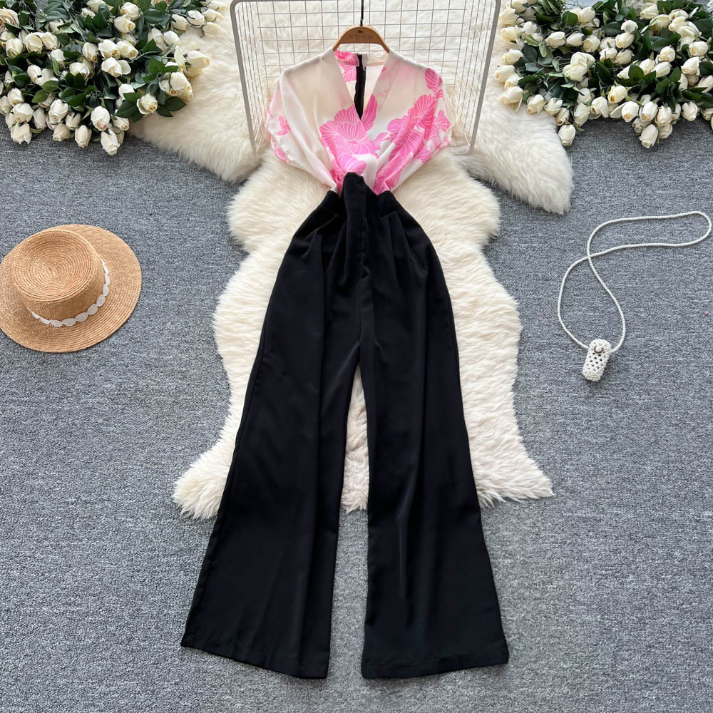 European and american style high-end criss-cross neck flutter sleeve jumpsuit - women's summer slimming wide-leg over-the-knee pants for a chic and powerful look