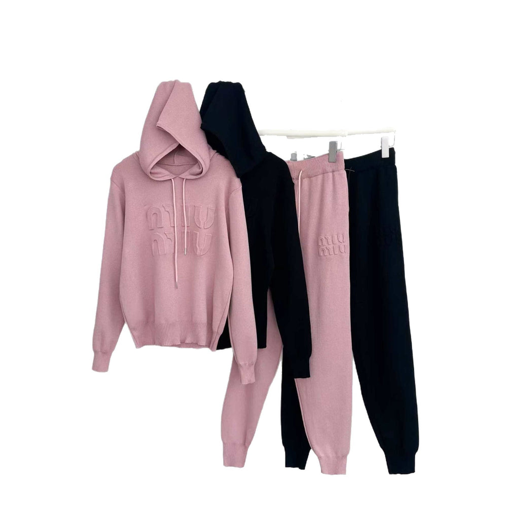 2025new arrivalfashionknittinglooseeasiest for matchhooded drawstringsweatshirt+high waistslimming look jogger pantstwo-piece setfemale