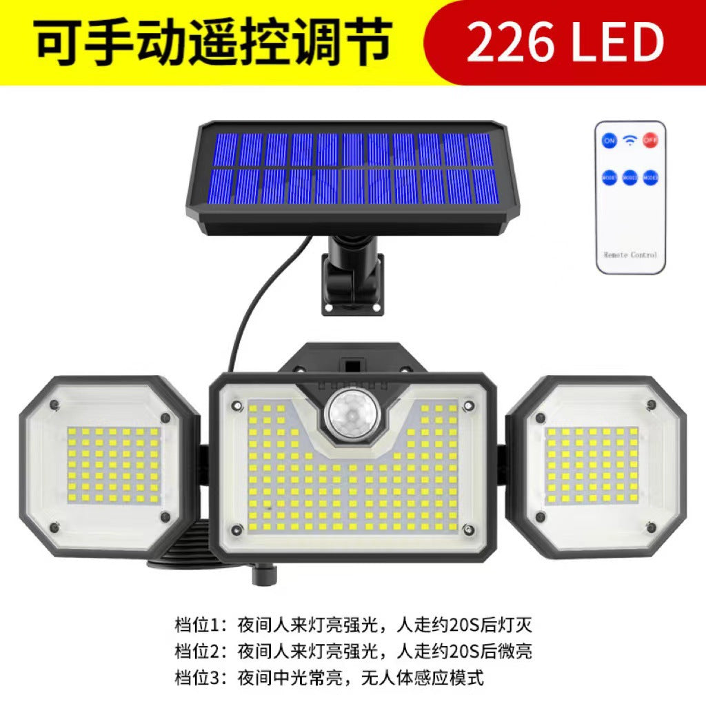 Solar intelligent remote control indoor and outdoor three-head split waterproof LED automatic human body induction floodlight wall light