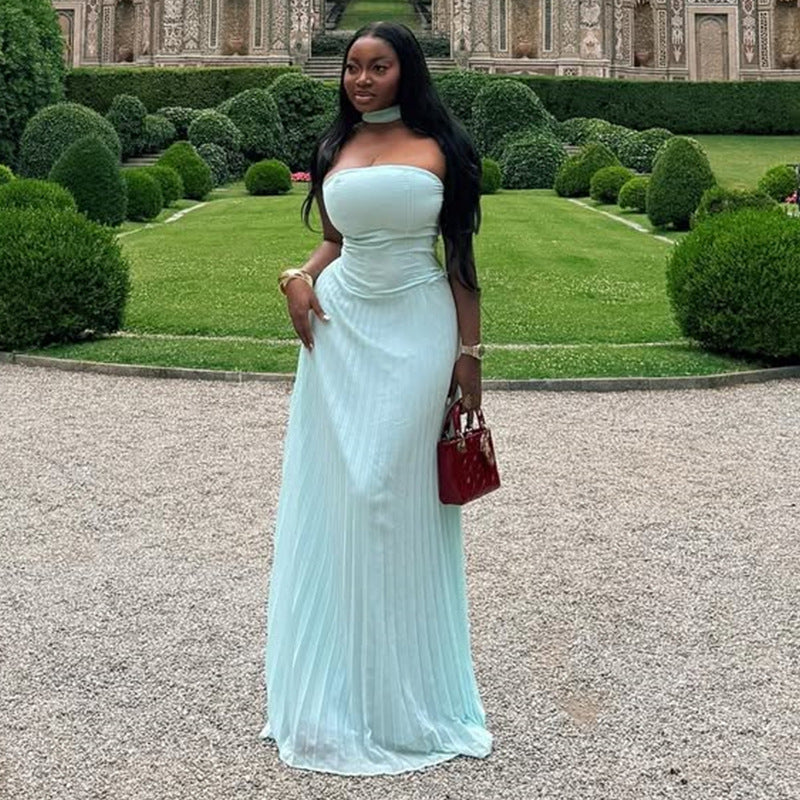 European and american cross-border women's fashion  summer new arrival: elegant halter neck tube top green evening gown long dress