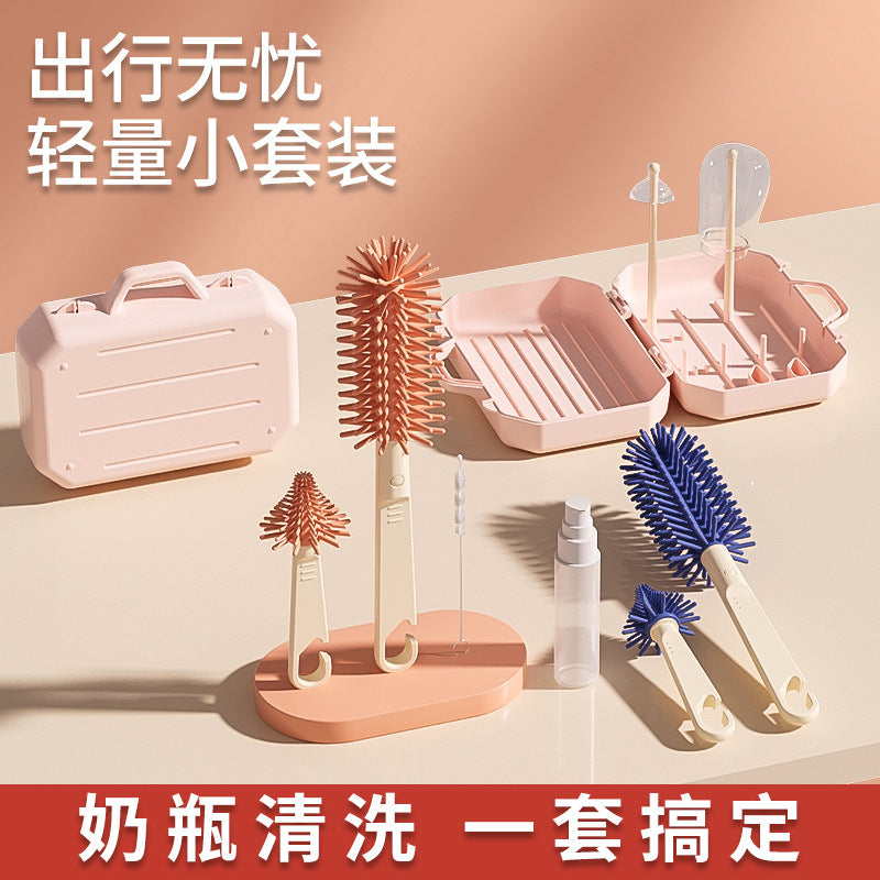 Portable bottle brush suit silicone bottle cleaning brush storage box travel size baby bottle cleaning brush