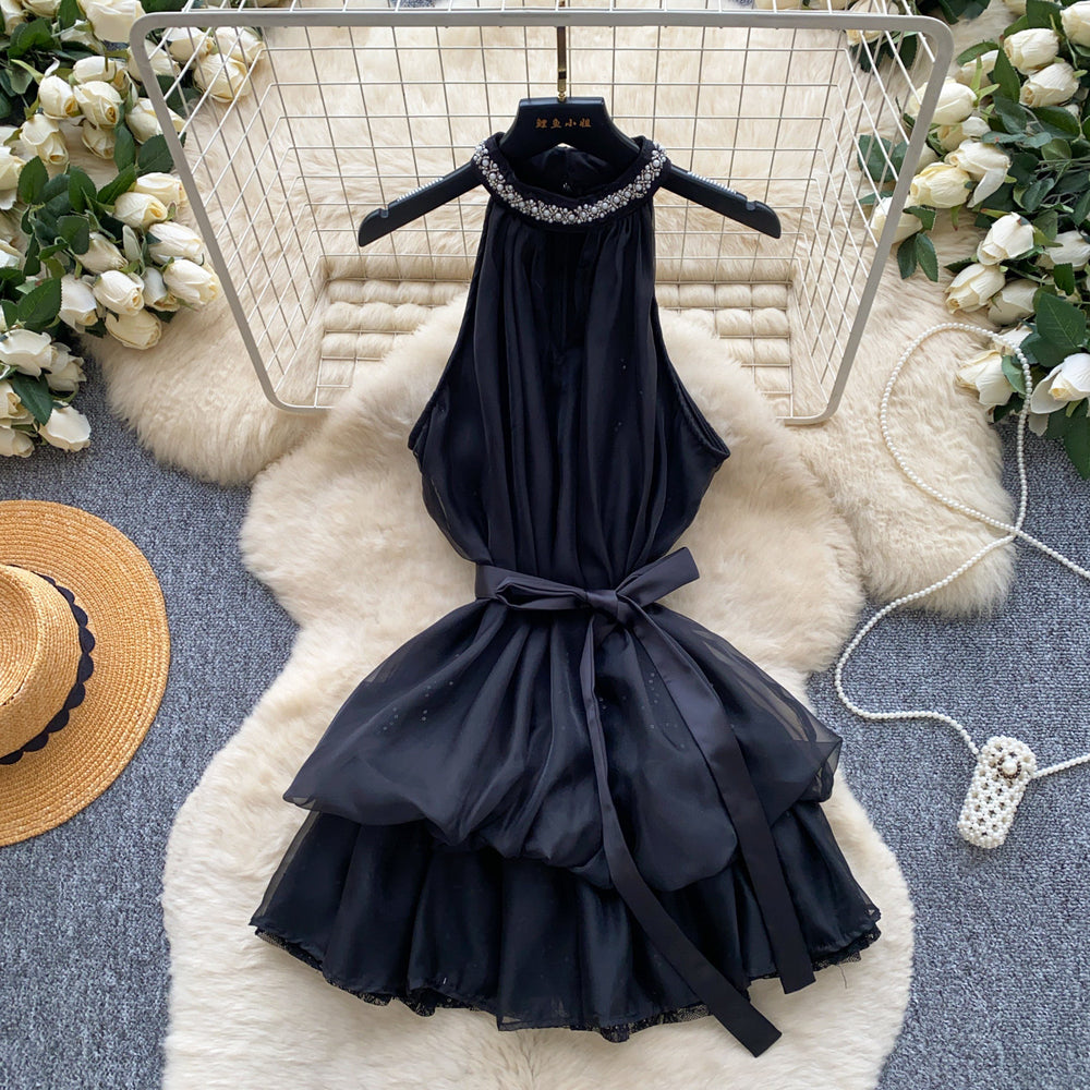 Qianjin wind halter heavy industry beading dress women's summer waist tie-up bowssweet suspender skirt petites