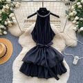 Qianjin wind halter heavy industry beading dress women's summer waist tie-up bowssweet suspender skirt petites