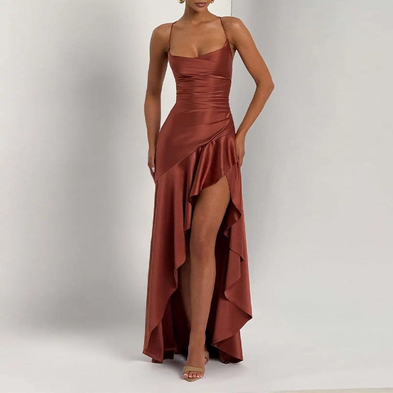 summer new women's fashion: cross-border european and american style elegant solid color ruffle hem asymmetrical dress