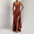 summer new women's fashion: cross-border european and american style elegant solid color ruffle hem asymmetrical dress