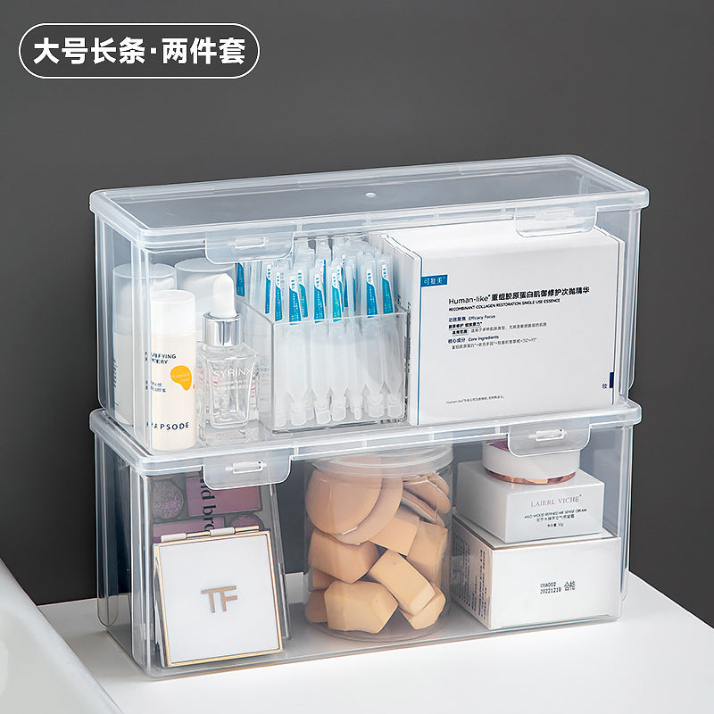 Long plastic washing powder storage box with lid, flip cover storage box, transparent mirror cabinet storage, rectangular storage box.