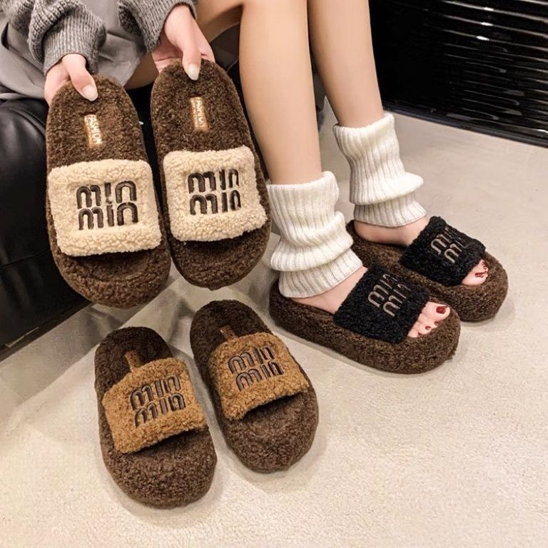 Thick sole fur slippers 2024fall and winternew arrivalfashioneasiest for match one-line slippers high-looking cashmerecasualpopular