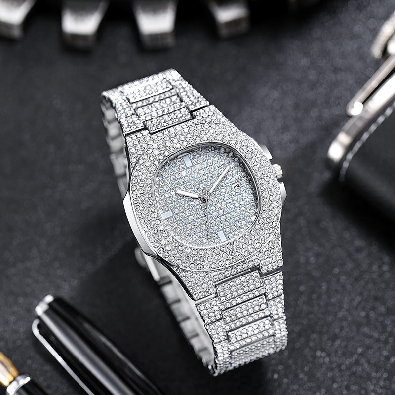 European and american hip-hop style fashion diamond watch for men and women, square large gold watch, trendy steel band quartz watch