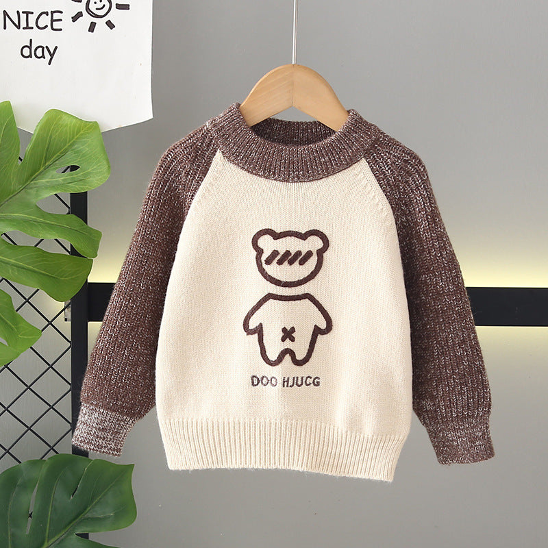 Kids' fleece-lined sweater:  winter collection - thickened pullover knit top, korean style, boys' crew neck wool sweater