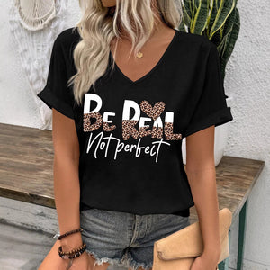 Amazon cross-border fashion: european and american style v-neck letter print short-sleeve t-shirt - relaxed fit, slimming, casual, plus size top