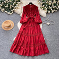 Frenchretro style lacepatchworkdress women's spring long k-style sleeve waist a-line skirt elegant over-the-knee long skirt