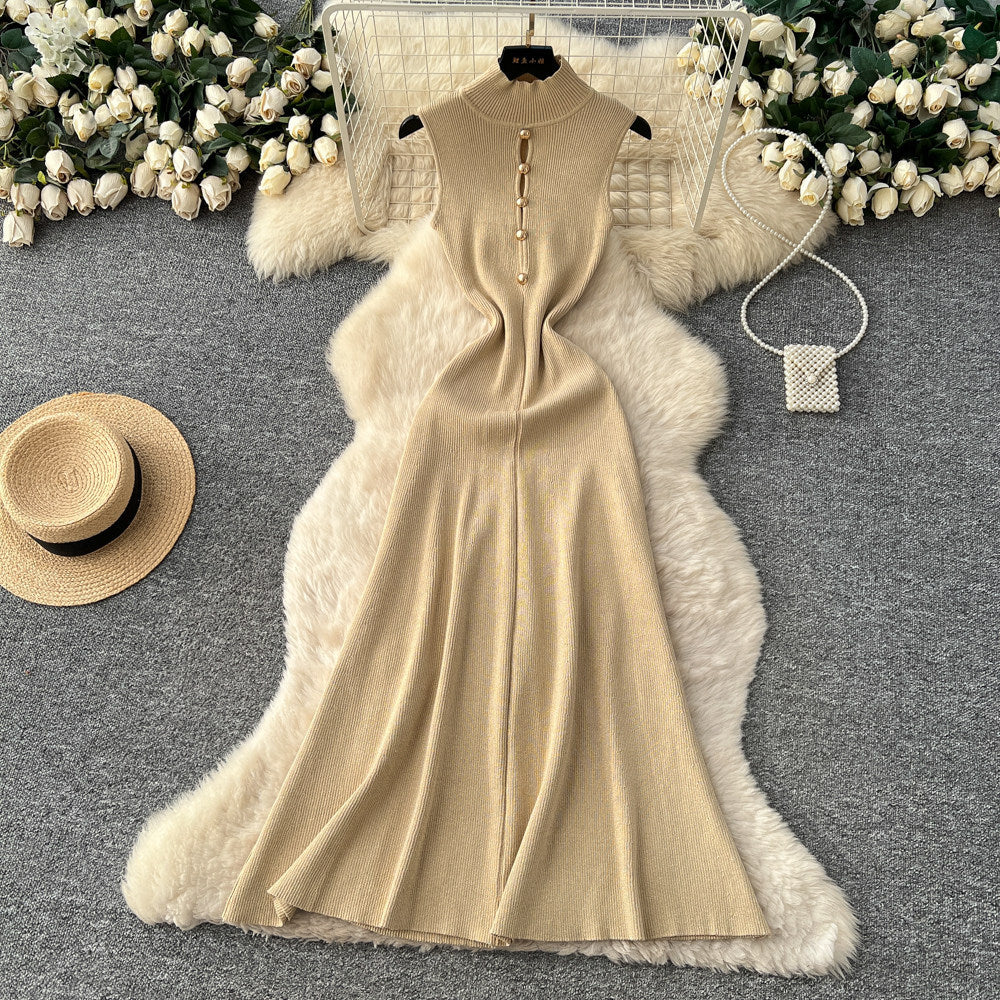 Classysense normcore style elegantcut out metal button half turtle collar dress women's fall and winterelegance bottom knitting long skirt