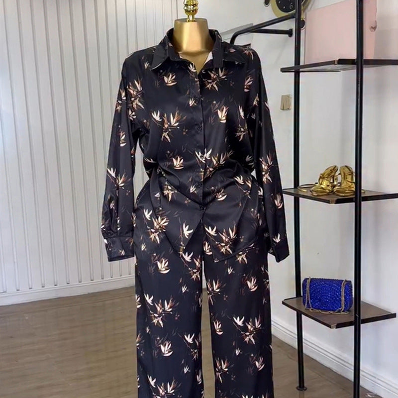 European and american cross-border women's fashion:  autumn new collection - stylish turn-down collar printed long-sleeve shirt and high-waisted trousers casual set