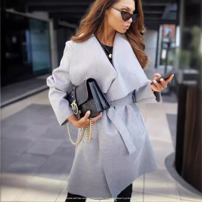 European and American  women  2024 winter new solid color long-sleeved strap coat cardigan loose woolen coat