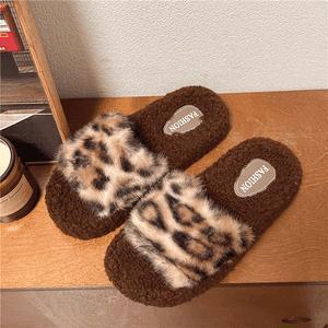 cute cartoon bear leopard print furry slippers for women, autumn and winter home wear, 2025 new cotton slippers, wholesale in stock