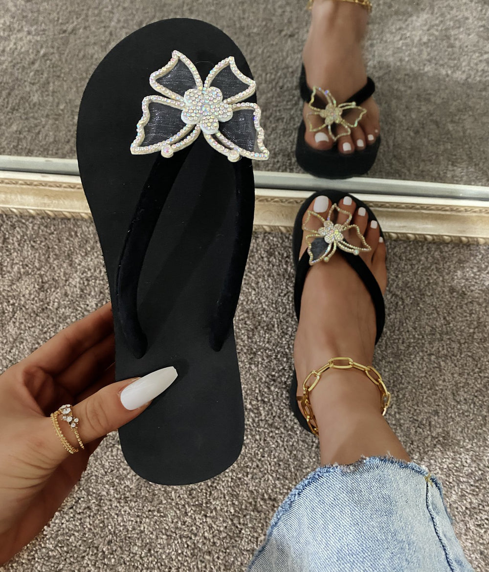 Aliexpress cross-border plus size platform slippers women's minimalist butterfly rhinestone wedge flip-flops women's sizes 36-42