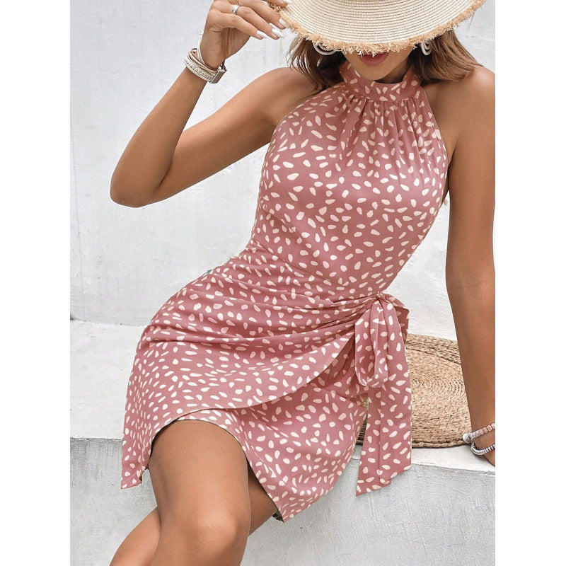 european and american cross-border women's summer fashion new style halter neck zipper sleeveless floral ruched mini dress