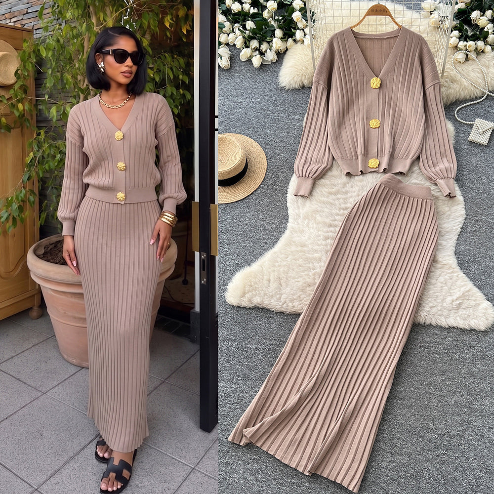 Lazy style metal buckle knittingcardigantopstwo-piece set women's autumclassy sense silm hip skirt suit