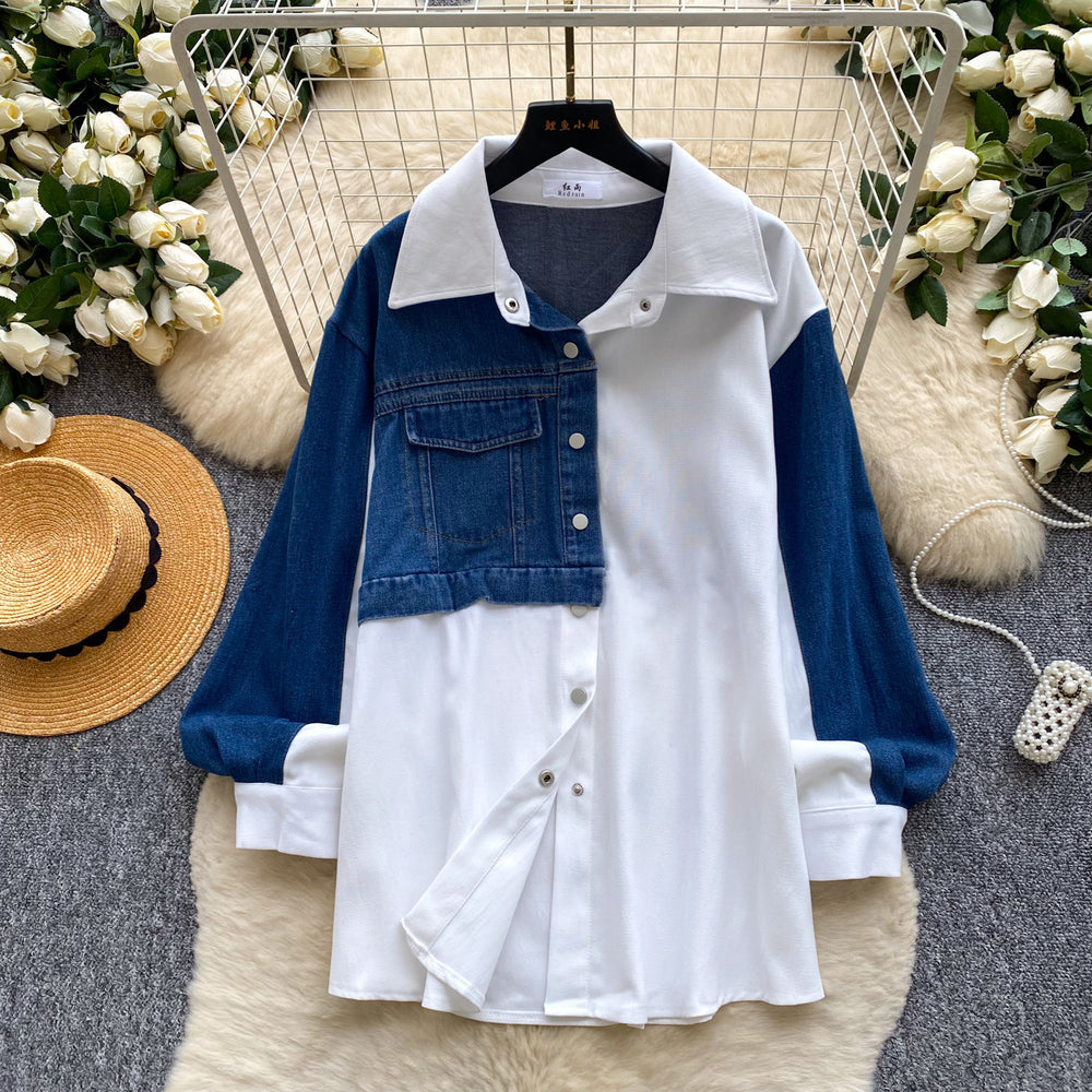 Trendy retro patchwork denim shirt for women - long sleeve, loose fit, cardigan style, versatile and chic top for autumn