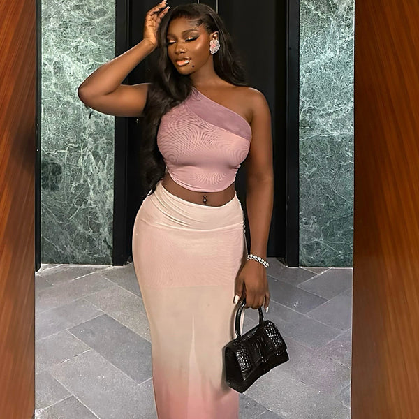 European and American style sexy hip tight gradual change color skirt set diagonal collar slightly transparent long skirt two sets of elegant fashion women's clothing