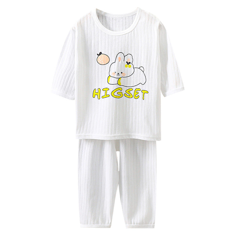 Summer kids' pure cotton loungewear set - boys' and girls' lightweight pajamas, breathable three-quarter sleeve baby air conditioning suit